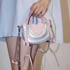 Hnewly  Silver Heart Chain Crossbody Designer Mini Bow Shoulder Bag Women Fashion Handbag Ladies Versatile Lipstick Purses Y2k Aesthetic