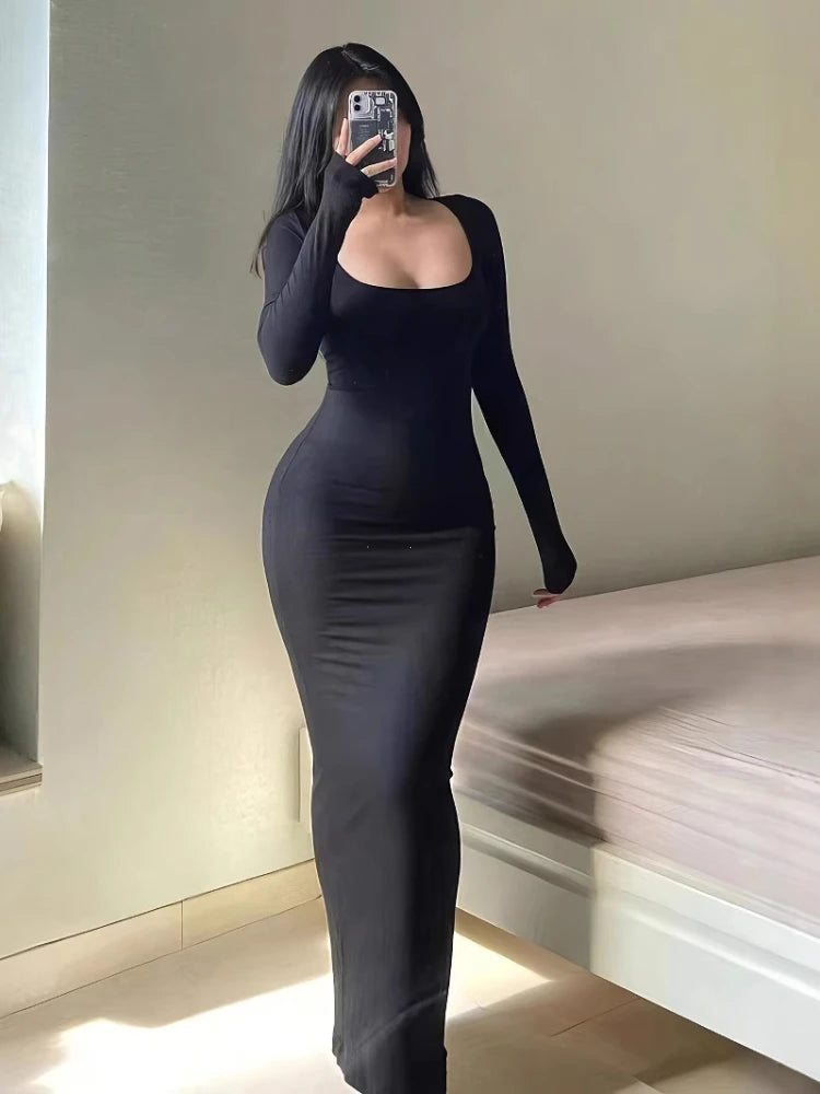 Hnewly  Women's Solid Long Sleeve Bodycon Dress, Chic Basic Minimalist Causual Fashion Scoop Neck Long Dress, Womenswear