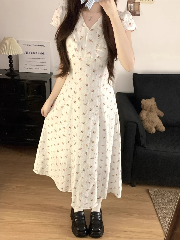 Hnewly  Woman Dresses Print Floral V Neck Spring Summer Elegant Vestidos Mujer Korean Fashion Versatile Sweet Long Dress