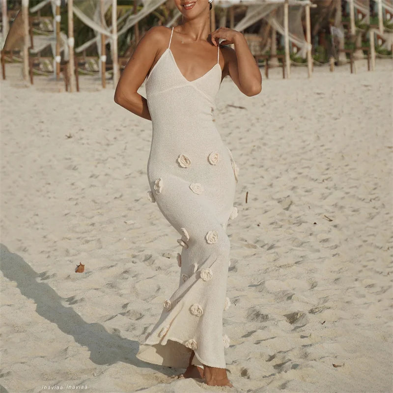 Hnewly Beach Dress Wear Women Summer 3D Flower Spaghetti Strap Sleeveless Backless Long Dresses Knitted Party Dresses