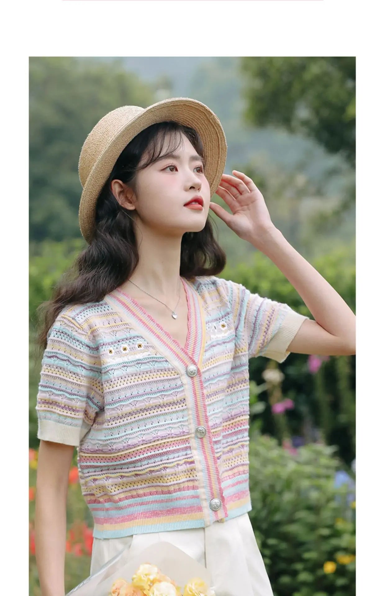 Hnewly Rainbow Striped Knitted Sweater For Women's 2025 Summer New  Thin Short Sleeved V-neck Hollow Out Holiday Sun Protection Top