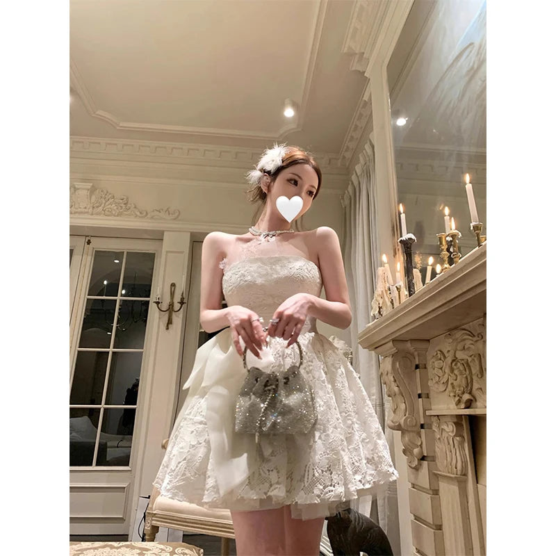 Hnewly Elegant Bow Mini Dress Women Fairy Party Prom Lace Strapless Dresses Summer Korean Sexy Backless Bodycon A Line Vestidos
