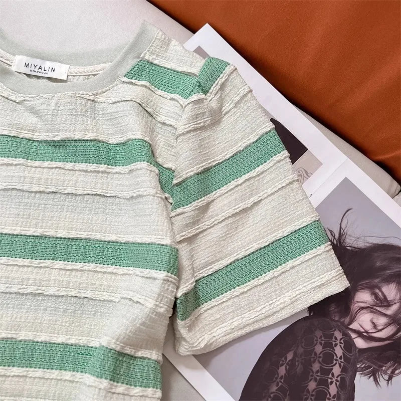 Hnewly  Pink Striped T-shirt Women's Sweet Dopamine  Korean Style Short Top Classic Round Neck Versatile Short Sleeved Tee