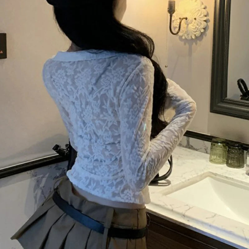 Hnewly Fairycore Shirt Lace Tops Women Aesthetic Clothes Sheer V-Neck Turn-Down Collar Cross Tie-Up Blouses 2000s Streetwear