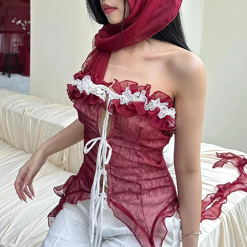 Hnewly Sexy Ruched Lace up Halter Top Y2K Vintage Sleeveless Backless Women's Vest Summer Casual Street Daily Formal Camisole