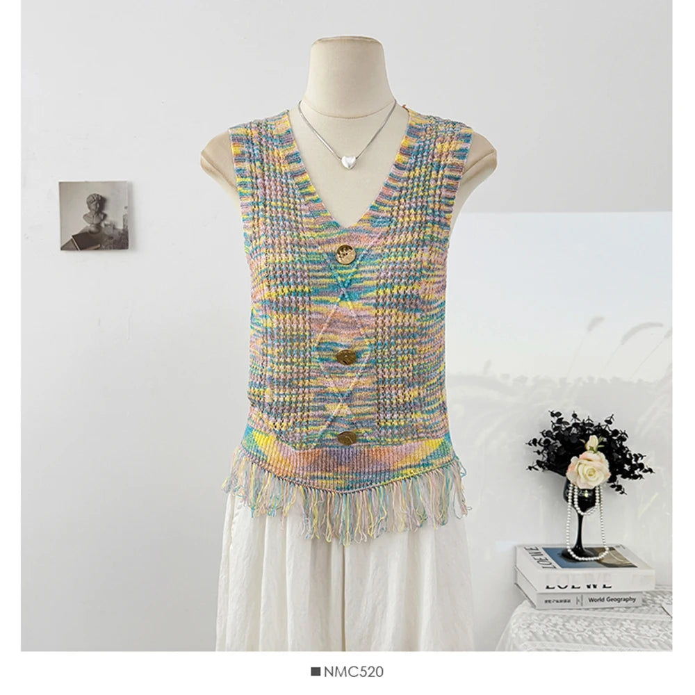 Hnewly  Retro Colored Striped Camisole Vest Women's 2025 New Summer New Sleeveless O-neck Knitted Shirt Elegant Hollow Out Short Top