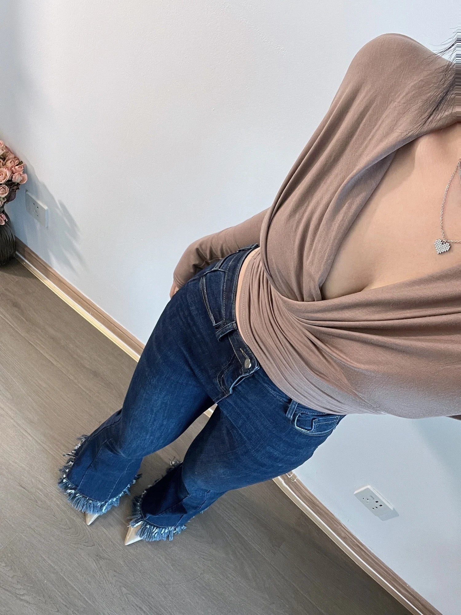 Hnewly V-neck WOMENGAGA Thin Long Sleeve Wine Red Cross Short Top Autumn Slim High Waist Sexy Base T Shirt Undershirts tees Women W9SJ