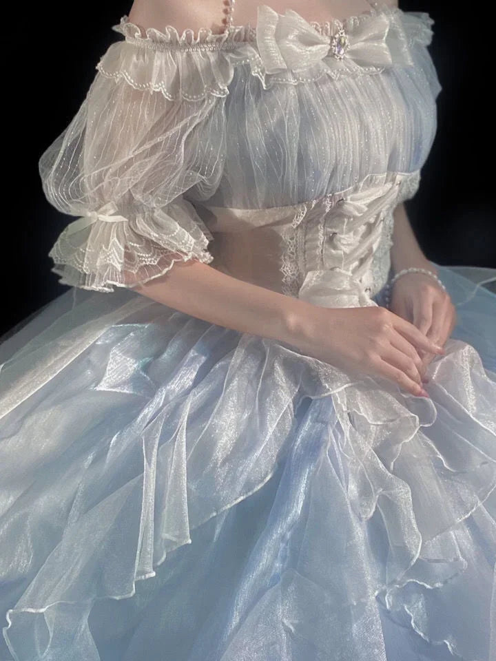 Hnewly French Romantic Style Lolita Op Elegant Girl Cosplay Princess Puff Sleeve Ribbon Bowknot Flower Tunic Mesh Fantastic Fairy Dress