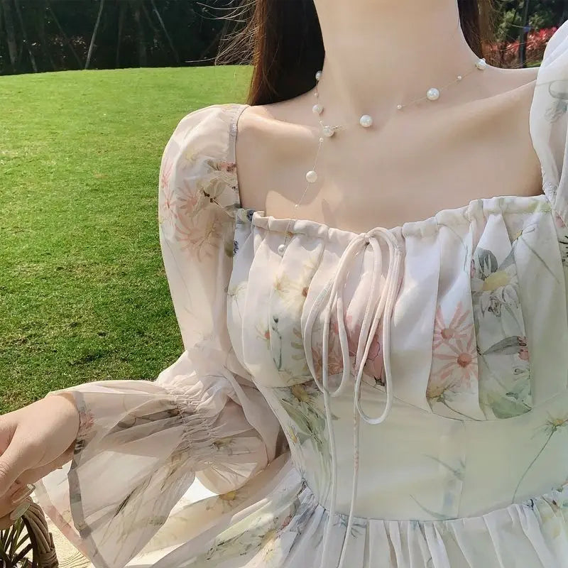 Hnewly  Spring Summer Long Sleeve Chiffon Dress Women Elegant Fairy Forest Style Soft Aesthetic Casual Long Maxi Dress