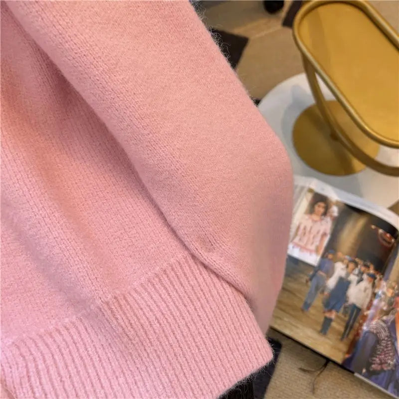 Hnewly  Elegant Metal Button Sweater Solid Long Sleeve Korean  O-Neck Puff Sleeve Knit Cardigan Coat Women Spring  Autumn Loose Top