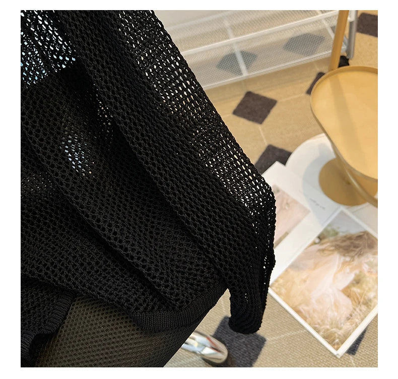 Hnewly Black White Striped Ice Silk Knitted Sweater Women Long Sleeved Loose Lazy Style Mesh Pullover Spicy Girl Hollow Out Top