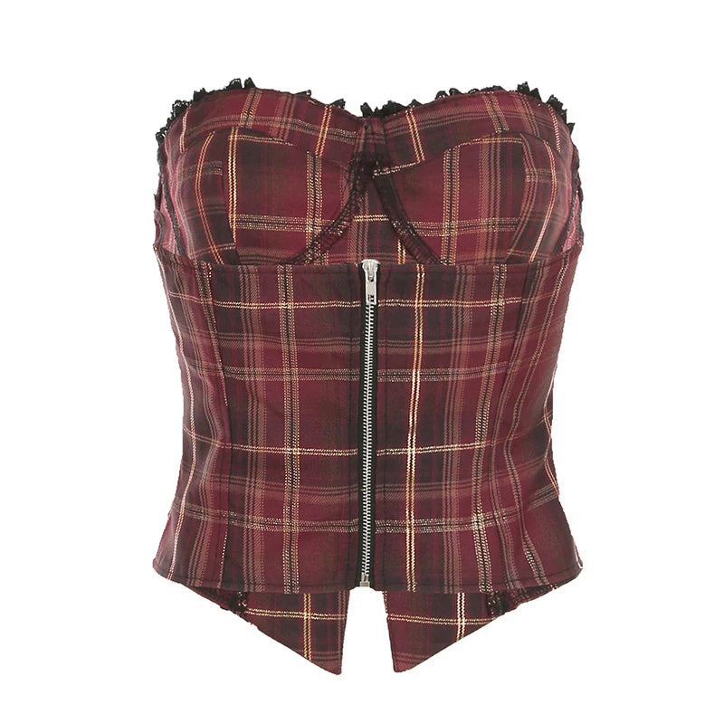 Hnewly rave inspo outfits Christmas Red Plaid Lace Trim Bandage Women’s Straps Tops Skinny Hotsweet Festive Atmosphere Blouses Fashion Trendy