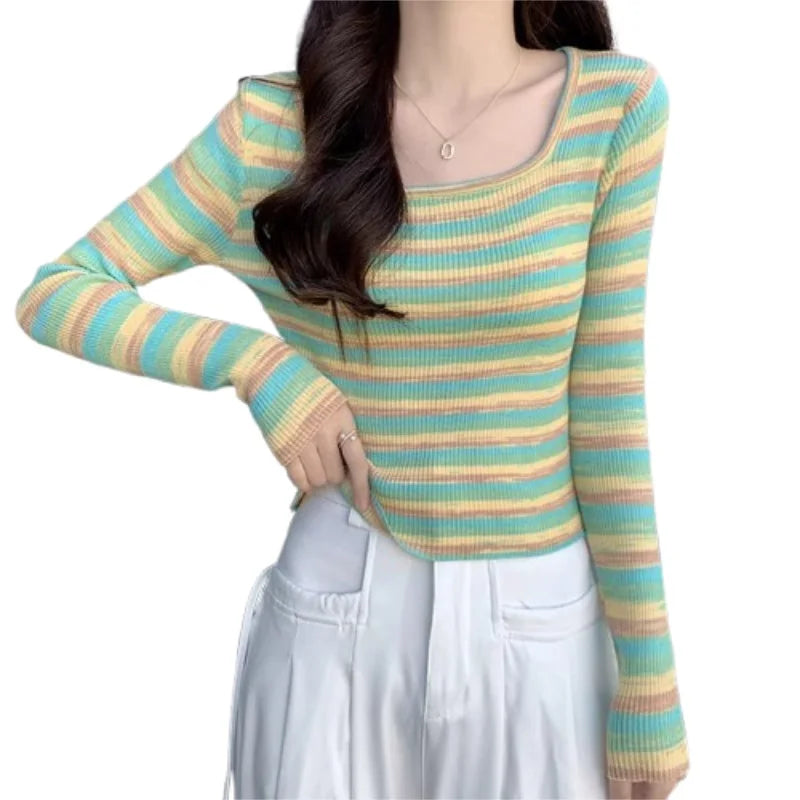 Hnewly y2k Tops Women Casual Clothes Striped Square Neck Long Sleeve Knitted T Shirts 2000s Aesthetic Clothing Streetwear