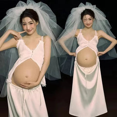 Hnewly  Women Photography Costume Elegant White 2pcs with Veil Maternity Dress Pregnancy Dresses Studio Photo Shoot Photo Clothes
