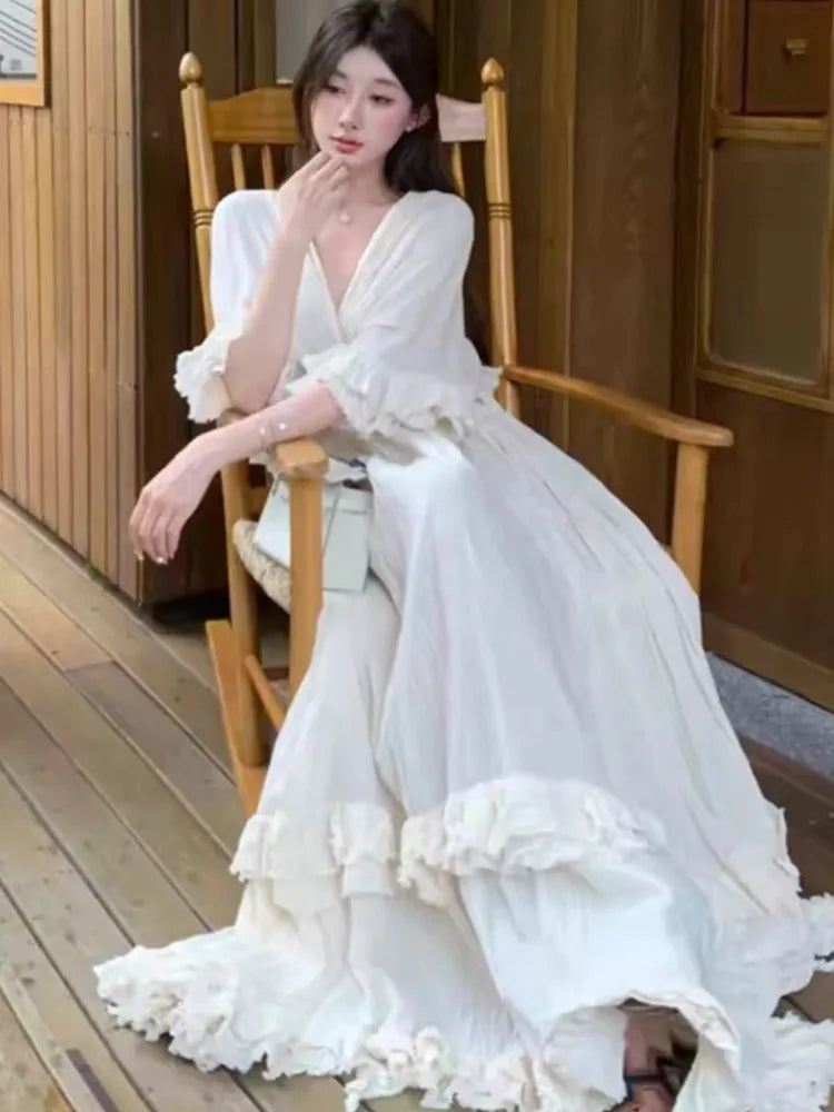 Hnewly Women's Ruffles Fairy French Dress V-Neck Full Skirt Short Sleeves Long Dressses Beach Holiday Vestidos 2025 Summer Fashion New
