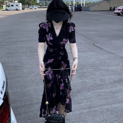 Hnewly  French High-waisted Floral Summer New Irregular Puff Sleeve Printed Dress the dress black dress white dress