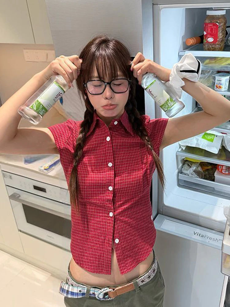 Hnewly Pure Cotton Red Plaid Shirt Women Slim Sexy Cropped Short Sleeve Y2K Blouse Vintage American Streetwear Female Summer Tops