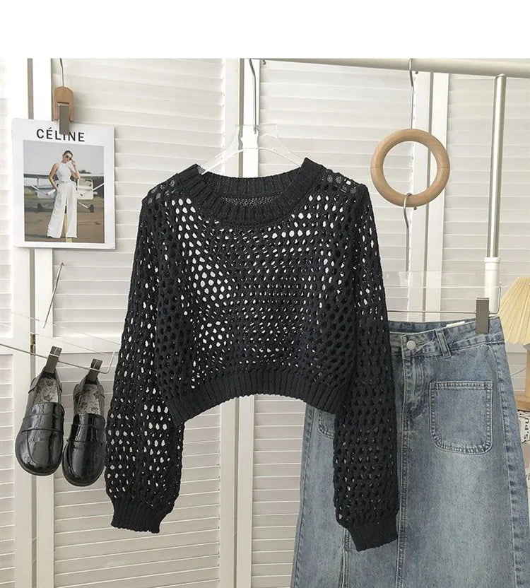 Hnewly Hollow Sun Protection Shirt Women's Summer Loose Pullover O-Neck Puff Long Sleeve Air Conditioning Knitwear Korean Retro Top