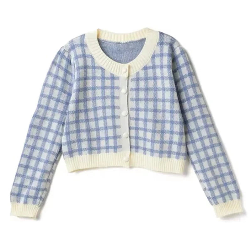 Hnewly  Women Checkerboard Crop Knit Cardigan Sweater Long Sleeve Button-up Box-fit Plaid Knit Top Teenage Girls Outfit