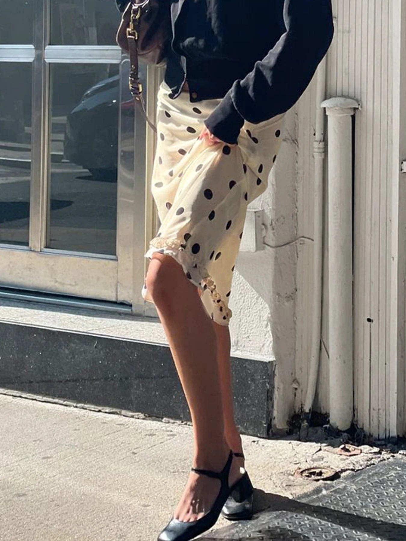 Hnewly  Elegant Ladies Polka Dot Midi Skirts Kawaii Ruched Stitching Straight Skirts for Women Summer Streetwear Casual Clothing