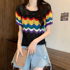 Hnewly  Korean Sle ort Sve Knitted Top Hollow out Dstring Design Summer New Version Retro  Length Women's Faion