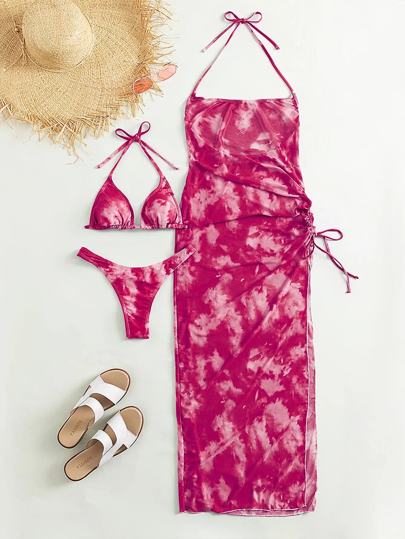 Hnewly 3 Pieces Tie Dye Triangle Bikini Women With Cover Up Swimwear Female Trikini Swimsuit Bathers Bathing Swimming Suit Summer