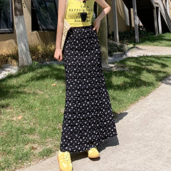 Hnewly  French Printed Fold Fishtail Skirt for Women  Korean High Waist Long Skirts Woman Summer Chic Wrap Hip Midi Skirts Female