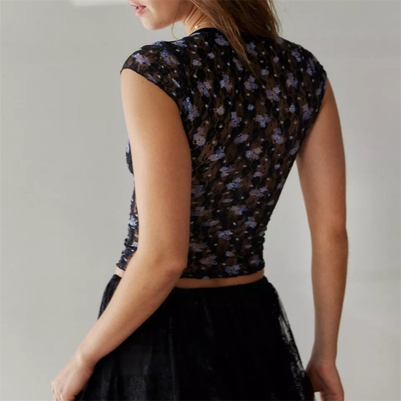 Hnewly Sheer Crop Top 2000s Women Sexy See Through V Neck Sleeveless Floral Lace Tanks Slim Fit Vest y2k Aesthetic Clothing
