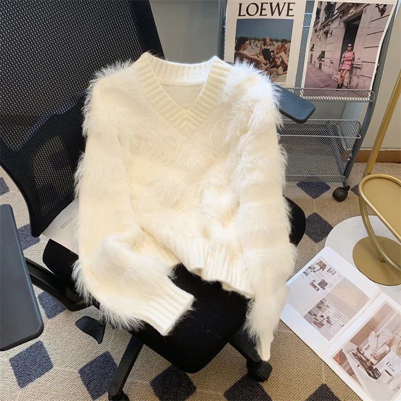 Hnewly  Imitate Mink Sweater for Women's Spring Autumn New Loose Long Sleeved Pullover Knitted Top Korean Slim V-neck Short Sweaters