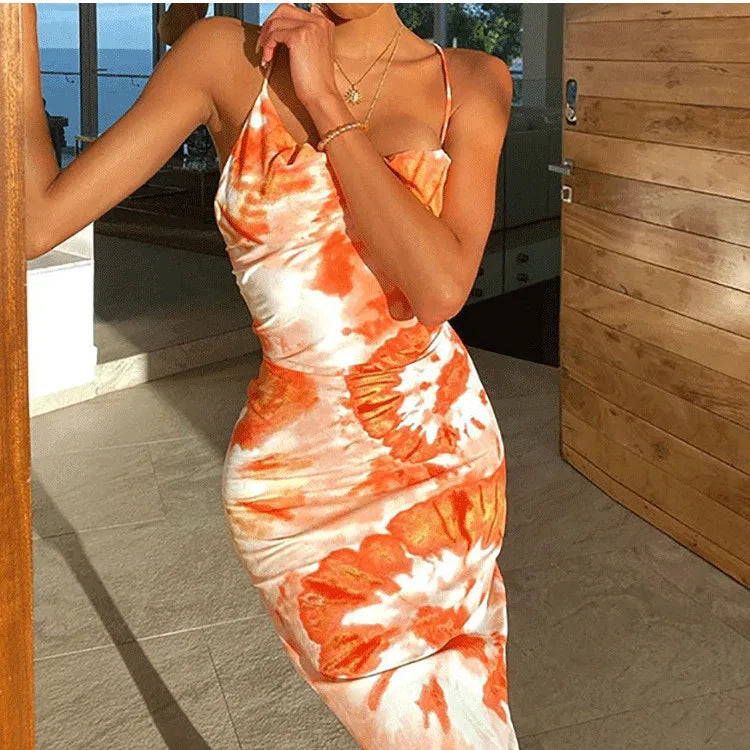 Hnewly  Tie-dye Print Slip Dress High Waist Pile Collar Backless Crossover Tie Dress Casual Elegant Resort-style