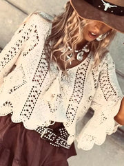Hnewly  Sexy Flared Sleeves Solid Color Beach T-shirt Spring Summer Loose Knitted Top Tees Fashion Women's V-neck Lace Up Hollow Blouses