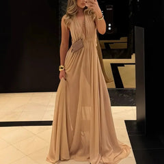 Hnewly New Summer Deep V-neck Long Evening Dress with Folded Hanging Neck and backless Dress
