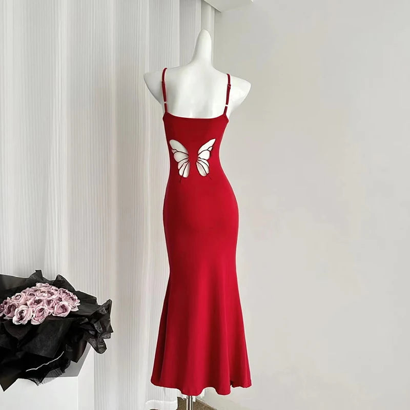 Hnewly Sexy Hollow Butterfly Backless Dresses Women Y2K Summer Elegant Outfits Lady Red Maxi Dress Bodycon Birthday Party Club Sundress