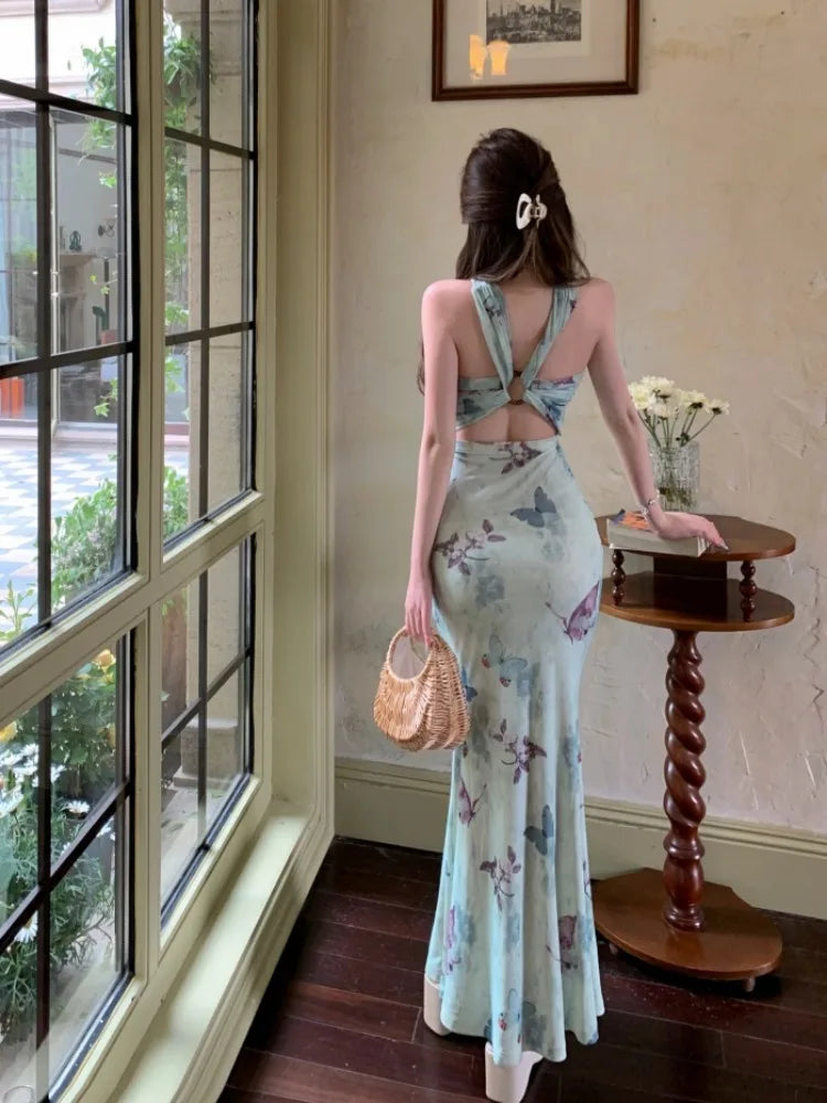 Hnewly  Butterfly print backless camisole dress for women's summer temperament buttocks wrapped long slim fit waist fishtail Dress