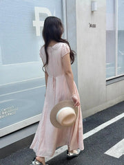 Hnewly  Retro Sweet Style Pink V-Neck Short Sleeve A-Line Maxi Dress Women's Summer New Waist-Cinching Slimming Long Dress