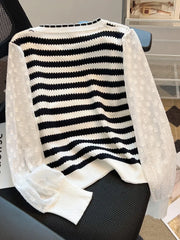 Hnewly  Striped knitted Sweater For Women's Spring Autumn French Elegant Round Neck Long Sleeved Patchwork Chiffon Loose All-Matched Top