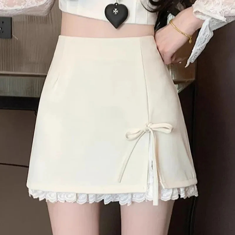 Hnewly  Sweet Style Bow Tie Short A-Line Skirt Women Lace Spliced Split Suit Skirt Female Stylish Office Lady Commute Hip Skirts Mujer