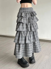 Hnewly  Vintage Plaid Skirt Women Preppy Style Sweet Ruffle Cake Long Skirt Harajuku Fashion Patchwork Layered Skirts Street