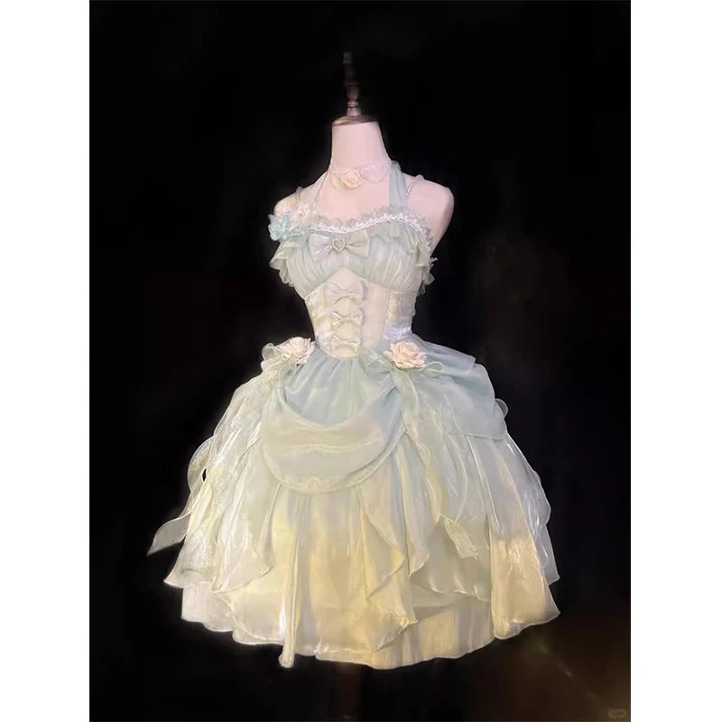 Hnewly  Japanese Original Lolita Elegant Lady Green JSK Halter Dress Princess Style Bow Sweet Cute Puffy Dress