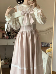 Hnewly  Sweet Butterfly Knot Lace Waist Long Dress Women's Style Pink Color Autumn Fashion Gentle Breeze Off-Shoulder Gown High Waist...