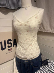 Hnewly  Pink Floral Lace Embroidery Slim Tank Tops Woman Summer Folds V-neck Cotton Camisole Female Sweet Cute Mesh Crop Top New Vest