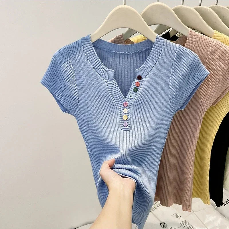 Hnewly  Summer V-Neck Short Sleeve Thin Tshirts Women Pastel Colored Button Knitted T-Shirts Teen-girl Stretch Fitted Tees Y2K Clothing