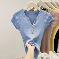 Hnewly  Summer V-Neck Short Sleeve Thin Tshirts Women Pastel Colored Button Knitted T-Shirts Teen-girl Stretch Fitted Tees Y2K Clothing