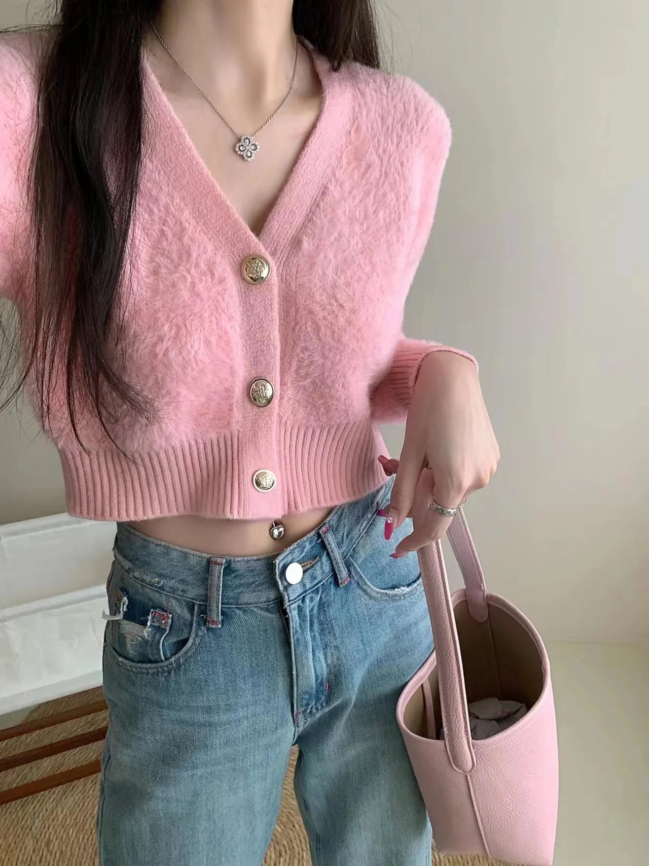Hnewly  Fuzzy Knit Sweater Cardigan Women  Long Sleeve V-Neck Button Front Short Shrug Cardigan Teen-girl Fall Winter Y2K Outfit