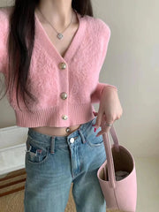 Hnewly  Fuzzy Knit Sweater Cardigan Women  Long Sleeve V-Neck Button Front Short Shrug Cardigan Teen-girl Fall Winter Y2K Outfit