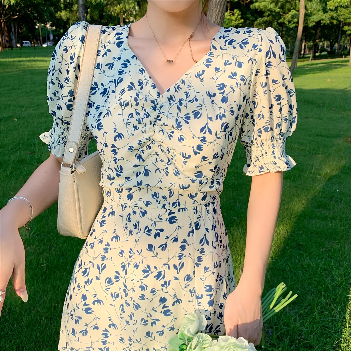 Hnewly Harajuku Floral Dress for Women Party French Vintage Retro Office Lady Casual Club Mini Sexy Dresses Summer New Clothes