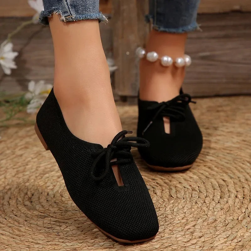 Hnewly Autumn Mesh Breathable Women's Flat Shoes Solid Simple Ballet Flats Female Casual Lace-up Walking Shoes for Women