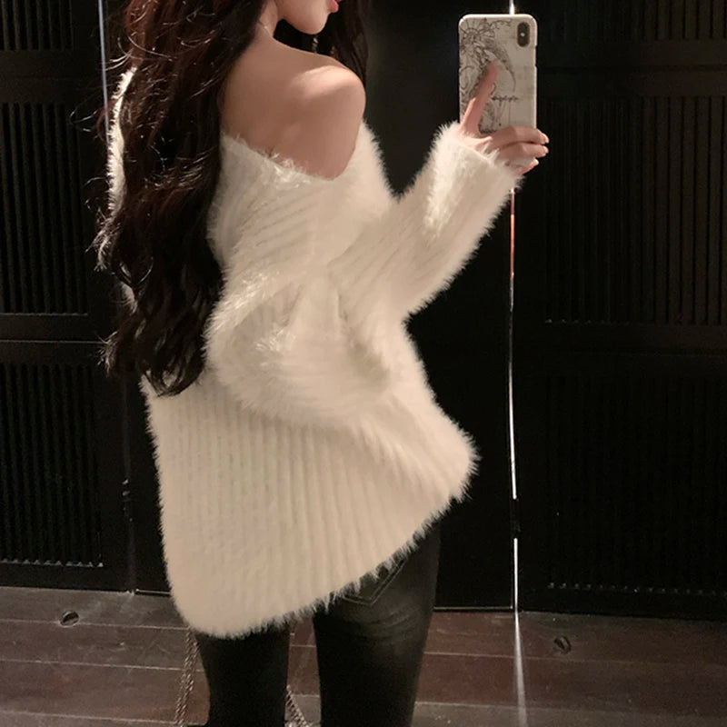 Hnewly  Fuzzy Knit Sweater for Women Soft Fluffy Boat Neck Tunic Tops Fitted Rib-knit Plain Jumper Female Autumn Winter Basic Outfit