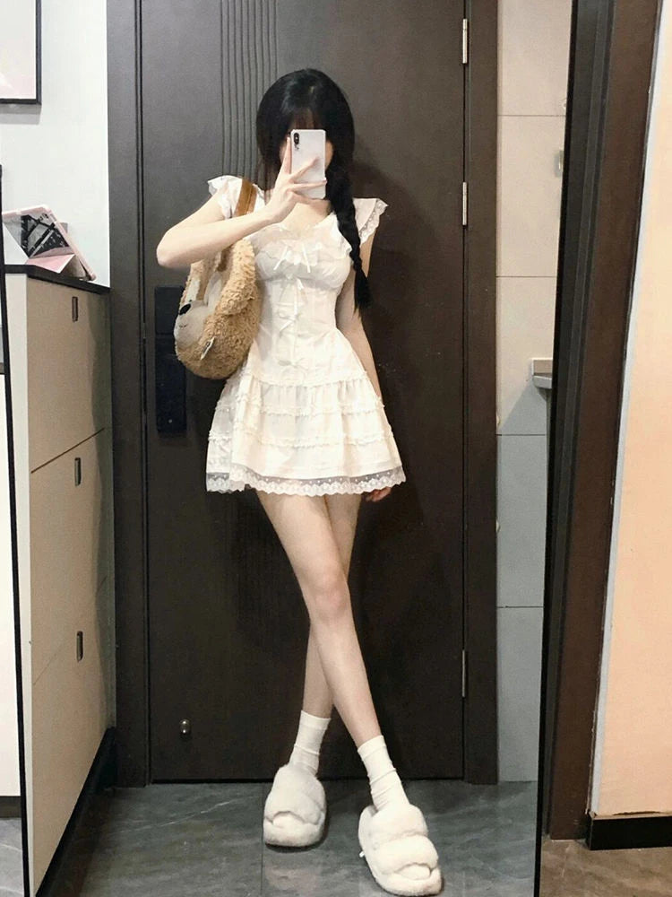 Hnewly Y2k Coquette White Lolita Sweet White Kwaii Cute Mini Dress Women Lace Bow Princess Slip Lace Short Dresses 2024 Fashion