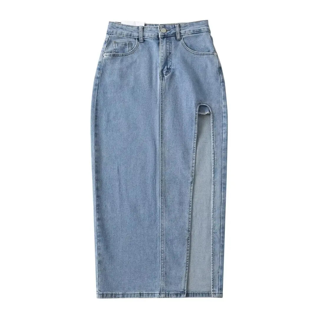Hnewly  Summer Midi Skirts Vintage Clothes Sexy Skirts For Women Blue Jeans Skirt High Waisted Denim Skirt Split Thigh Denim Skirt